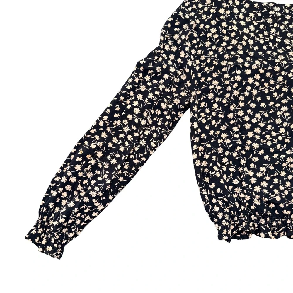 American Eagle Womens Small Black Floral Long Sleeve V-Neck Elastic Hem Blouse - Picture 8 of 9